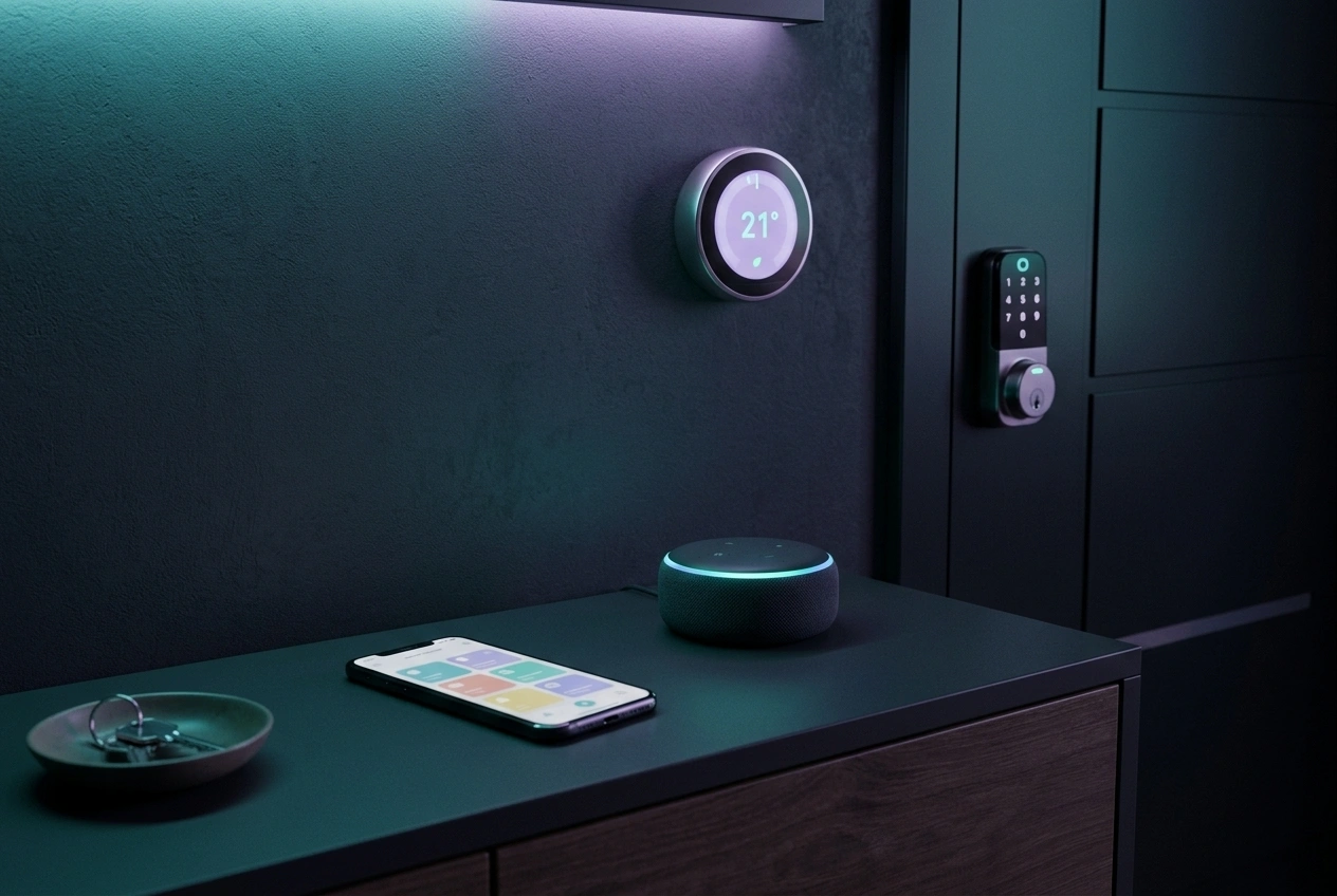 Smart-Home-Steuerung mit Thermostat, Sprachassistent und Türschloss